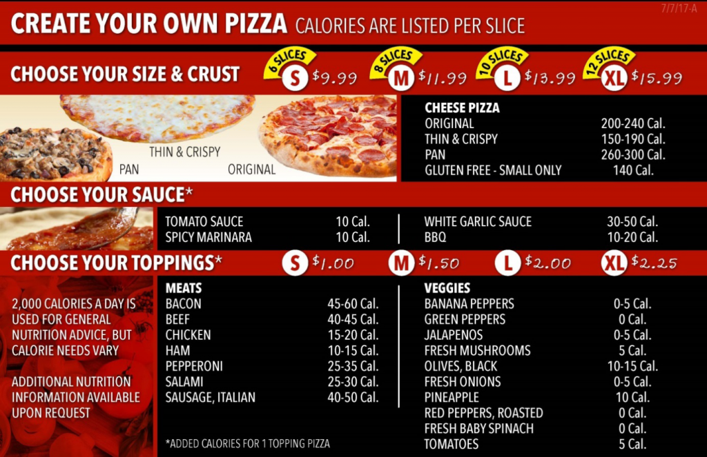 Sample Pizza Menu w/ Nutritional Info